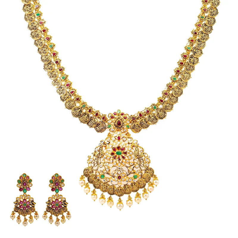 emerald-cut ruby eternity ring 22K Yellow Gold Kasu Necklace and Earring Set (145.6 grams)
