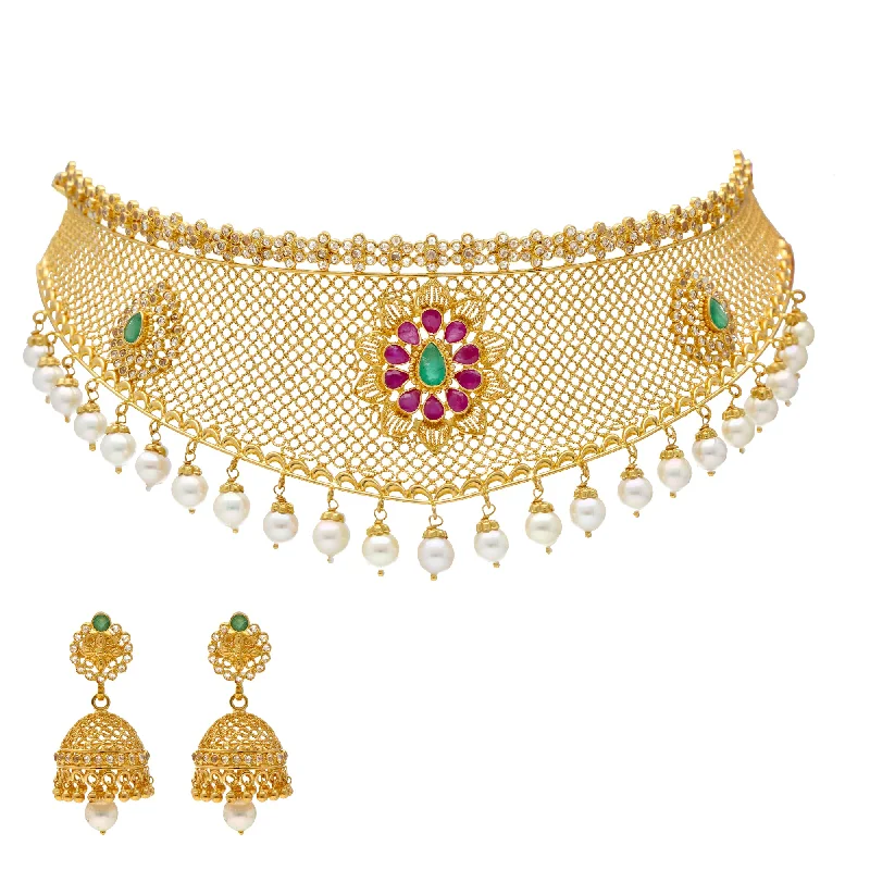ruby and diamond engagement ring 22K Yellow Gold Polki Choker Set with Gemstones & Pearls (68.5 grams)