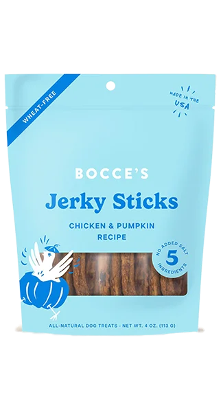 no-mess dog food and water station Bocce's Bakery Grazers Jerky Sticks: Chicken & Pumpkin