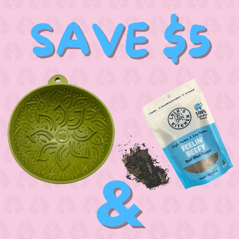 Green Garden of Eatin' Tipsy Bowl Lick Mat + Feelin' Beefy Meal Topper (Save $5)