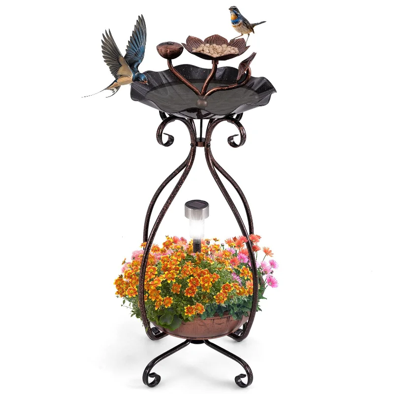 heated pet bed for winter Giantex Bird Bath with Planter - Solar Lighted Bird Bath for Outside with Bird Feeder