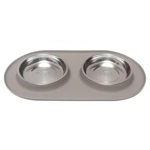chew proof rabbit water bottle Messy Cats Double Silicone Feeder with Stainless Saucer Shaped Bowl 1.75 Cups, Grey