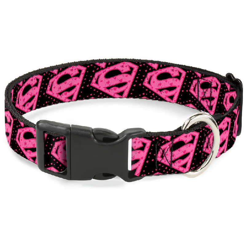 waterproof dog raincoat with hood Plastic Clip Collar - Diagonal Superman Logo w/Hearts Black/Pink