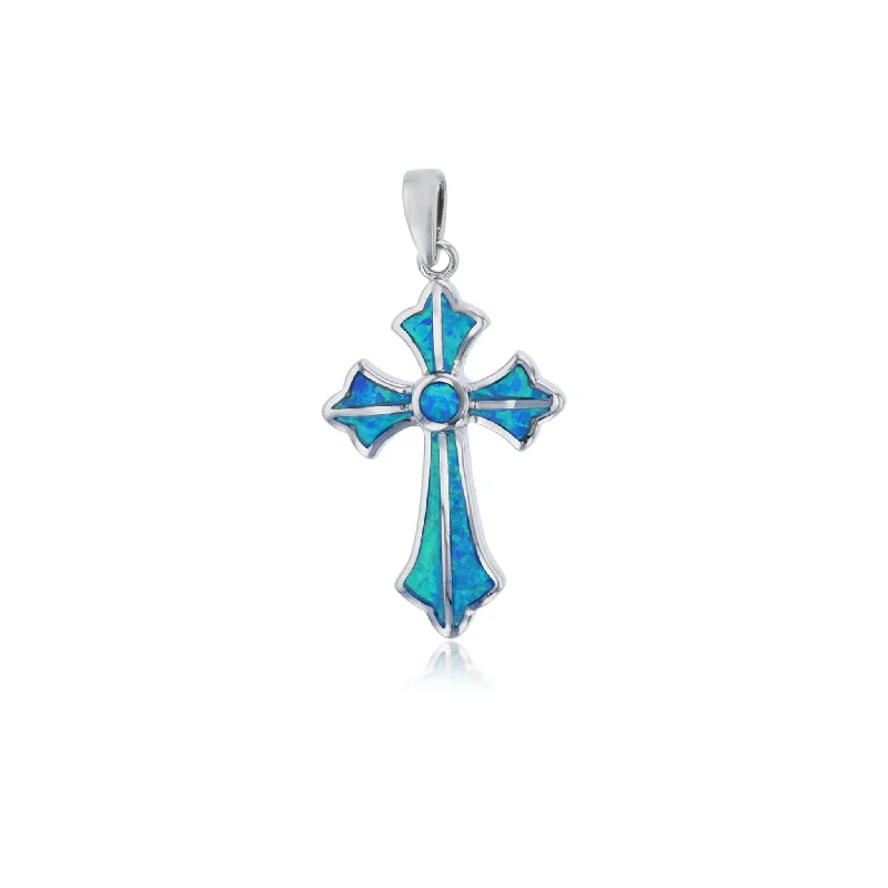 men’s hammered titanium ring Blue Opal Cross Pendant (Silver)