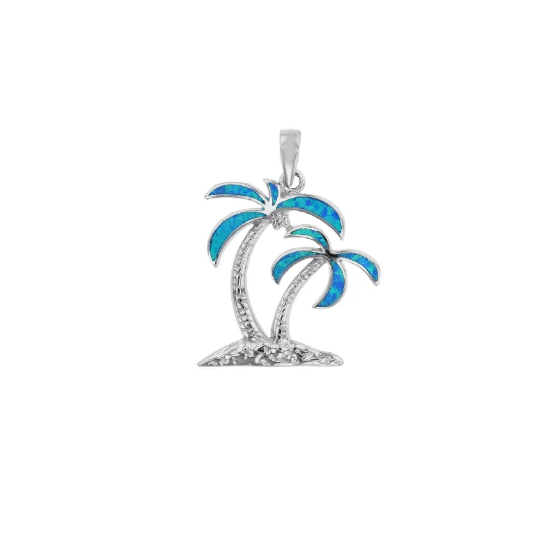 white gold diamond cluster ring Blue Opal Island Palm Tree Pendant (Silver)