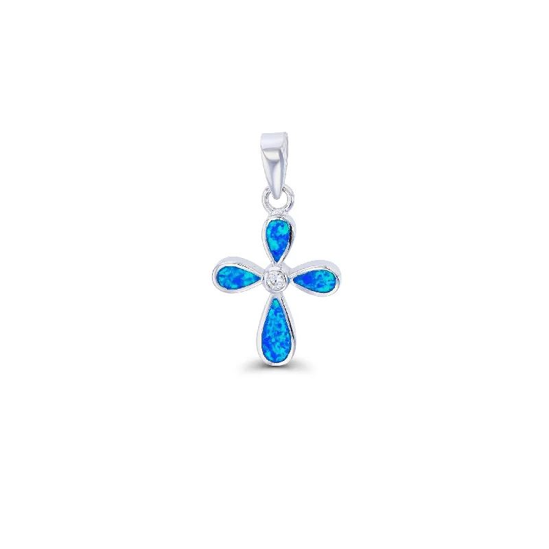dainty silver hamsa bracelet Blue Opal Teardrop Cross Pendant (Silver)