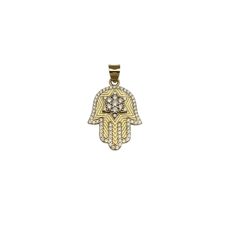simple gold bar stud earrings Hamsa Star Hand CZ Pendant (14K)