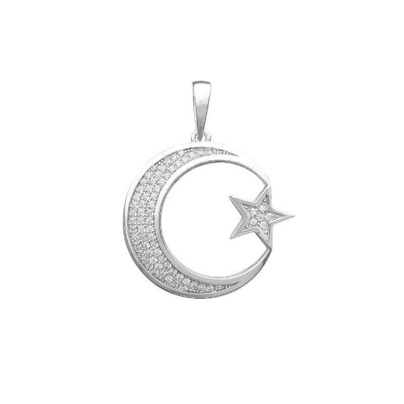 sterling silver braided ring Iced-Out Crescent Moon & Star Pendant (Silver)