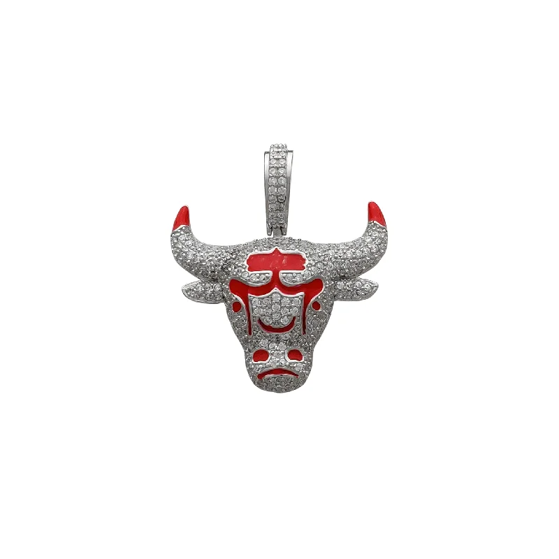 vintage lock and key necklace Iced-Out Red Textured Bull Head Pendant (Silver)