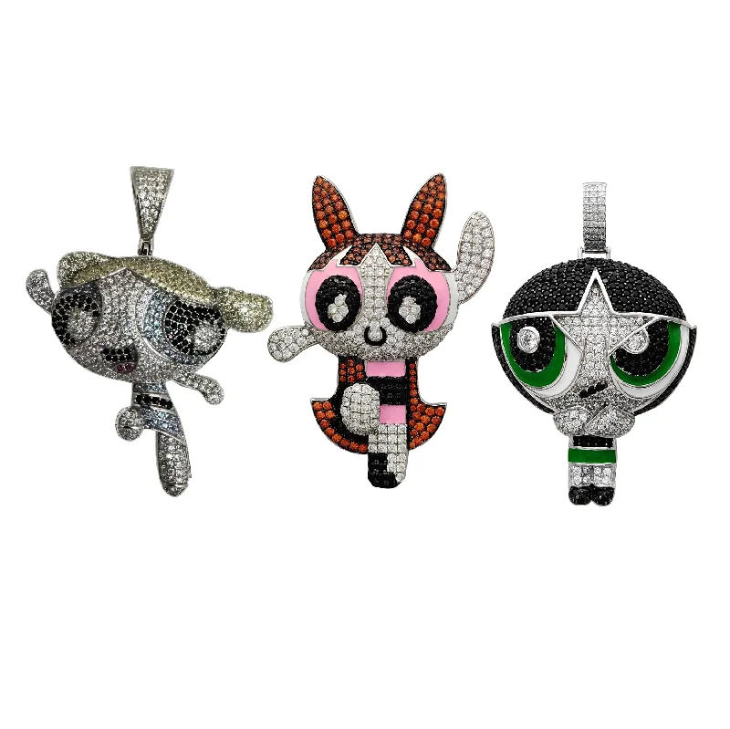 handmade beaded stretch bracelet Iced-Out The Powerpuff Girls Pendant (Silver)