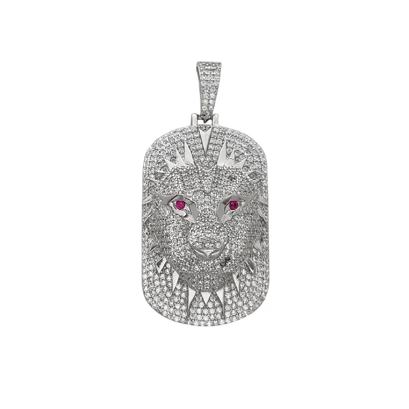 twisted rope gold chain Stone-Set Red-Eyes Lion Head Dog Tag Pendant (Silver)