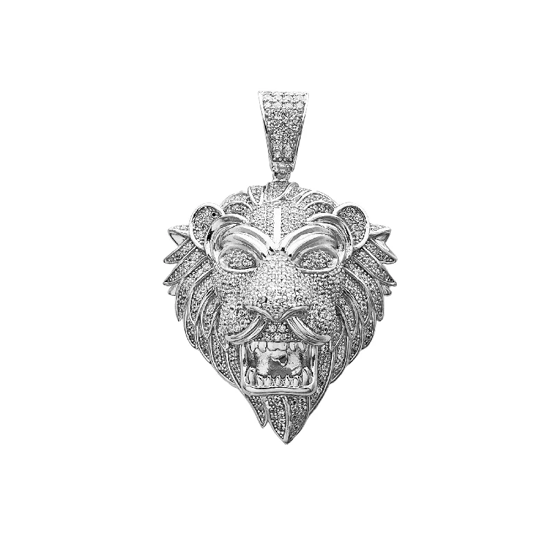black stainless steel signet ring Textured Iced-Out Lion Head Pendant (Silver)