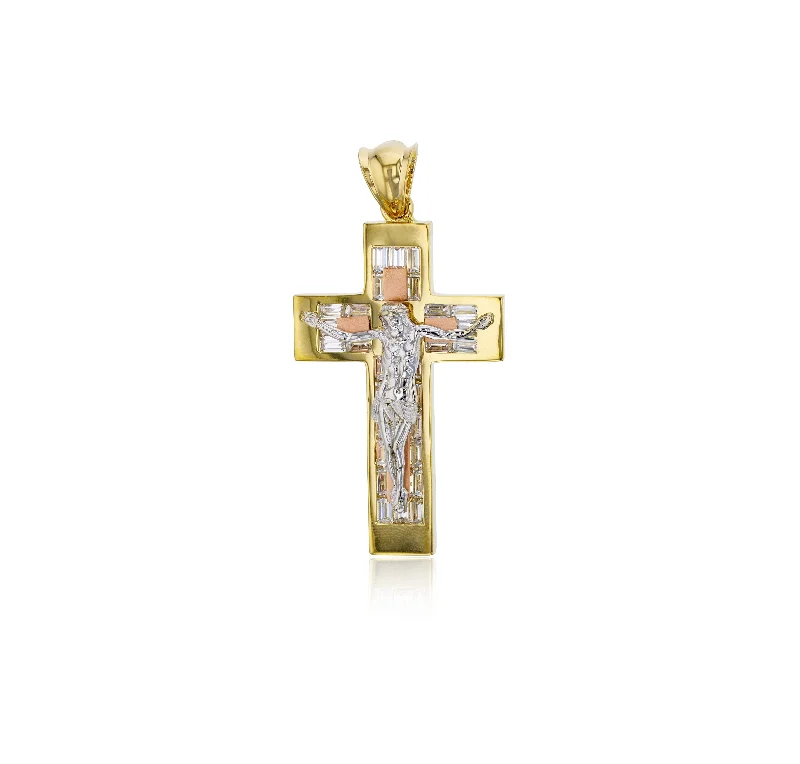 white opal engagement ring Tricolor Baguette CZ Jesus Cross Pendant (14K)